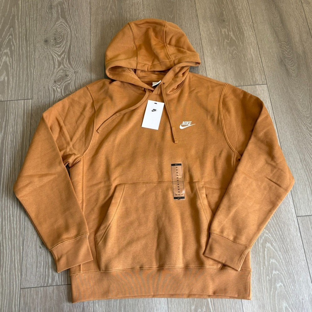 NWT Nike Mens Brown Tan Casual Wear Classic Pullover Hoodie Size M Fleece lined